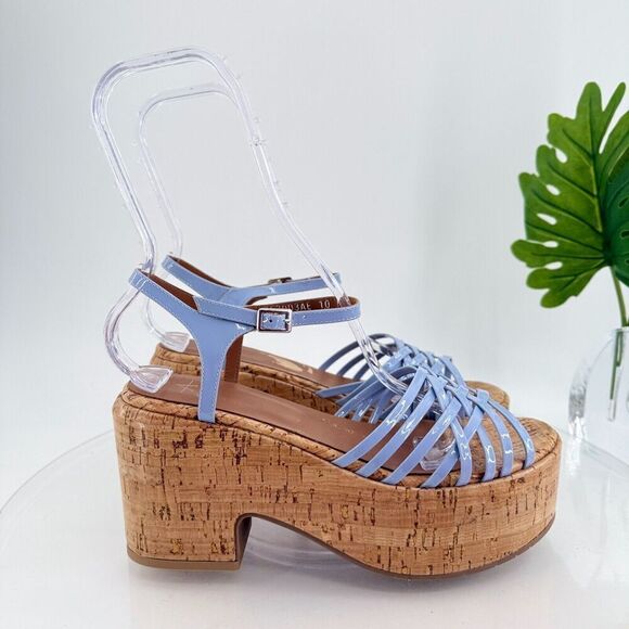 Aquatalia Elene Sandals Women's 10 Blue Leather Platform Cork Slingback Chunky - Picture 4 of 15